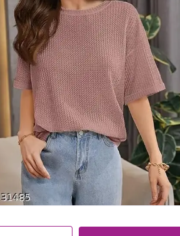 Women Self Design Round Neck Wool Peach T-Shirt - Image 3