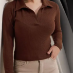 Casual Polyester Blend Ribbed Collar V-Neck & Regular Long Sleeves Stylish Sky Top