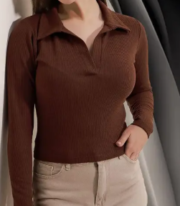 Casual Polyester Blend Ribbed Collar V-Neck & Regular Long Sleeves Stylish Sky Top