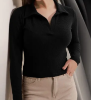Casual Polyester Blend Ribbed Collar V-Neck & Regular Long Sleeves Stylish Sky Top - Image 4