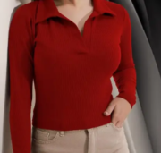 Casual Polyester Blend Ribbed Collar V-Neck & Regular Long Sleeves Stylish Sky Top - Image 3
