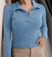 Casual Polyester Blend Ribbed Collar V-Neck & Regular Long Sleeves Stylish Sky Top - Image 2